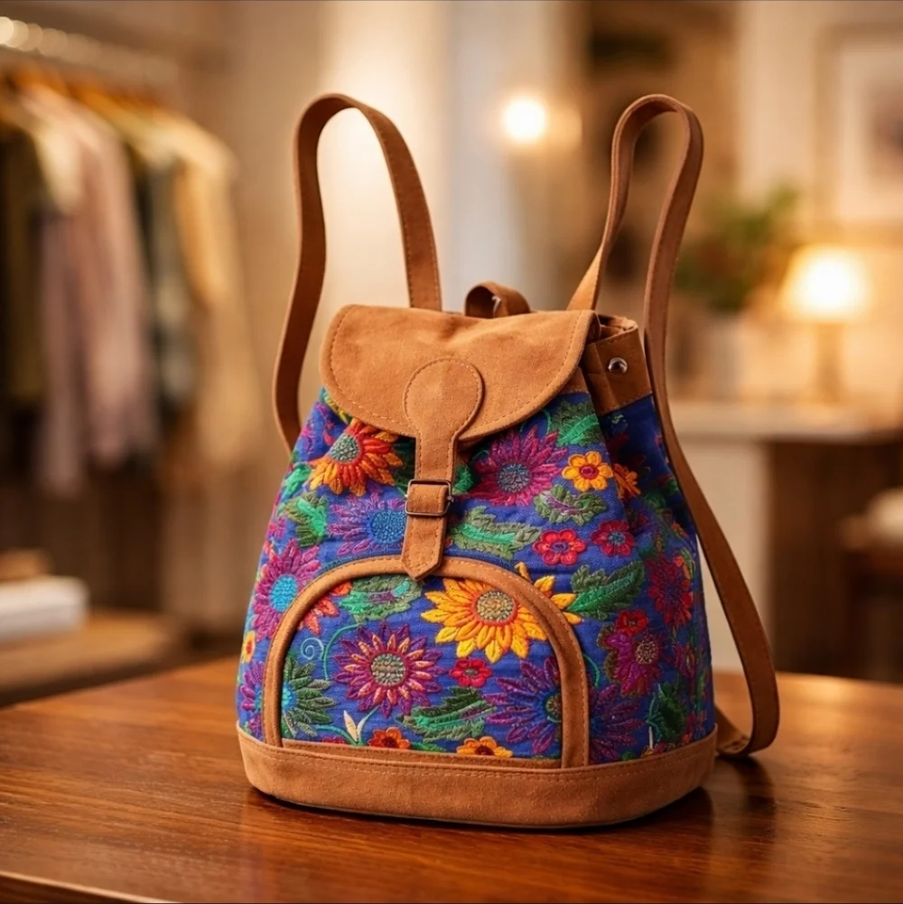 Handmade Guatemalan Canvas Embroidered Sunflower Backpack